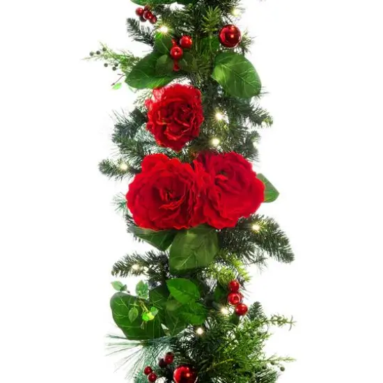 Village Lighting 9ft. Pre-Lit LED Red Peonies & Berry Garland {1}