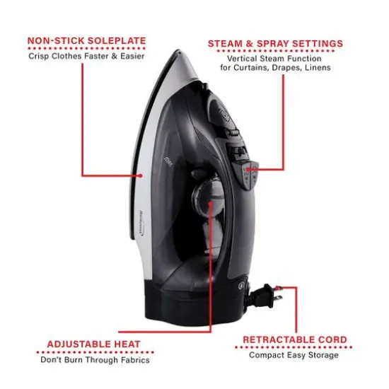 Brentwood 1,200W Nonstick Steam Iron with Retractable Cord Black {5}