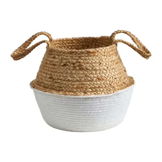 12" Boho Chic Handmade Cotton & Jute White Woven Basket Planter {1}