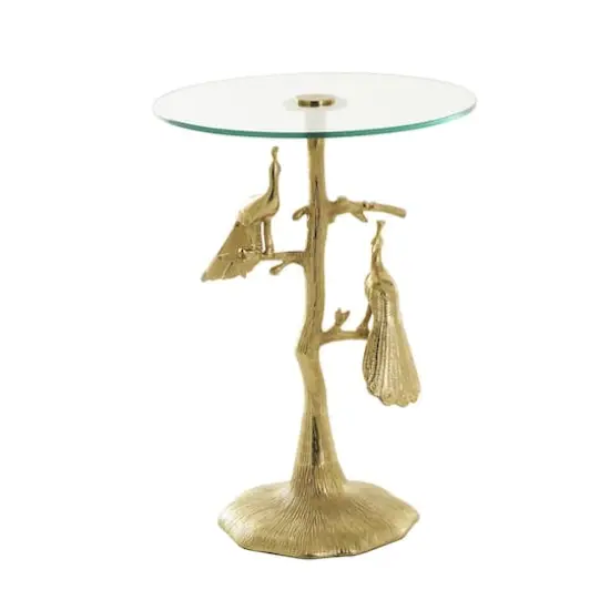 22.25" Gold Aluminum Peacock Textured Accent Table with Glass Tabletop {7}