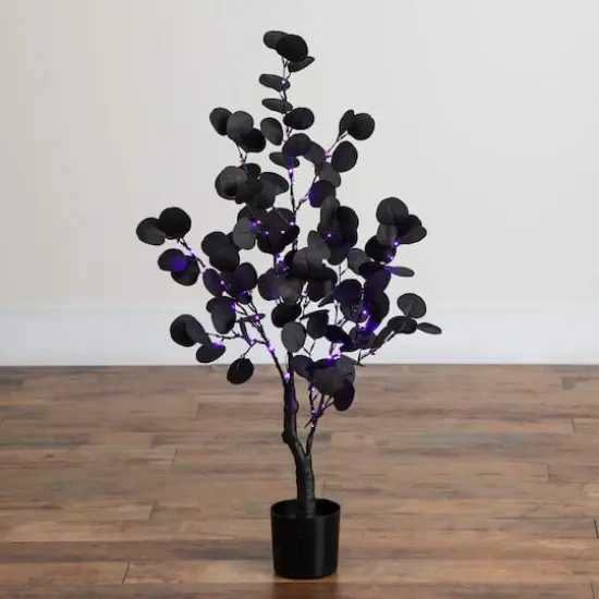 3ft. Pre-Lit Artificial Halloween Black Eucalyptus Tree with 80 Orange & Purple LED Lights {9}