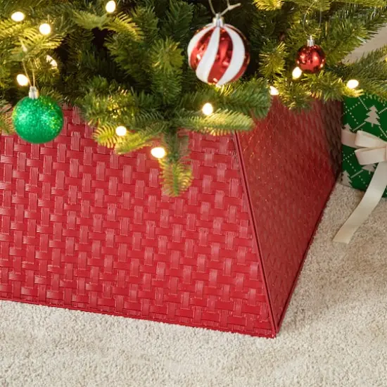 Glitzhome&reg; 25.75" Red Trapezoid Metal Weave Tree Collar {5}