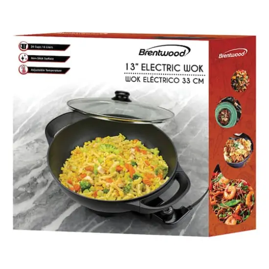 Brentwood 13" Black Nonstick Flat Bottom Electric Wok Skillet with Vented Glass Lid {8}