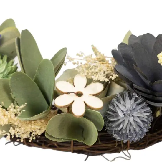 10.5" Green & Blue Wooden Mixed Floral Artificial Spring Wreath {5}