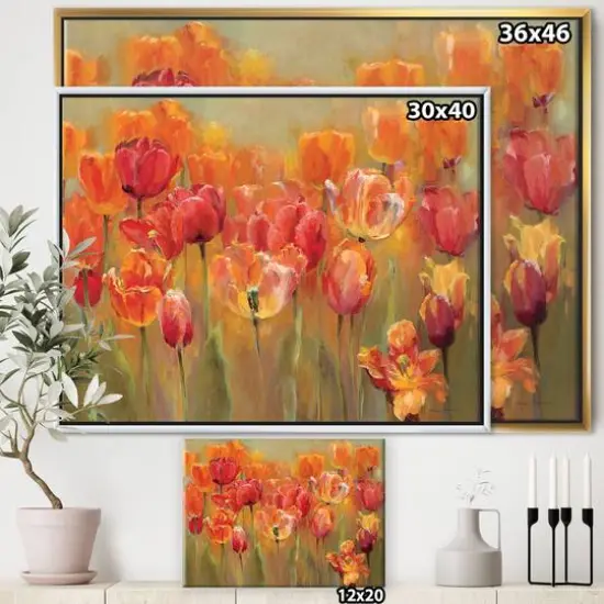 Designart - Red Handpainted Tulips - Traditional Canvas in Gold Frame {4}