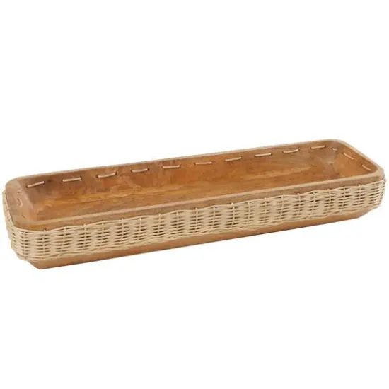 24.5" Brown Handmade Wooden Tray with Woven Seagrass Accent {1}