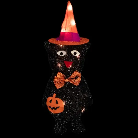 24" Lighted Black Cat in Witch's Hat Outdoor Halloween Decoration {4}