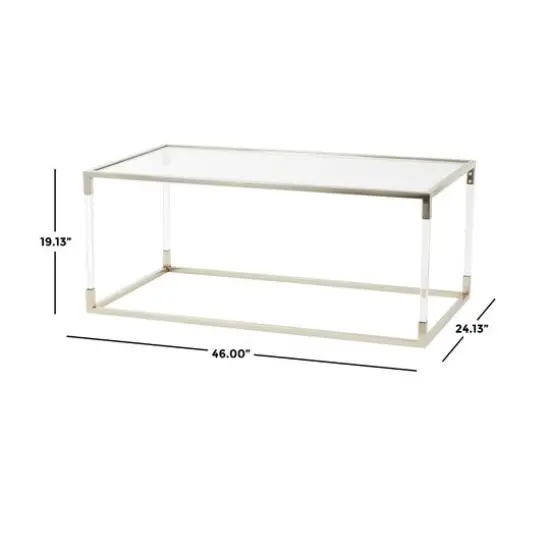 46" Silver Metal Minimalistic Open Framed Living Room Coffee Table with Clear Glass Top & Acrylic Legs {8}