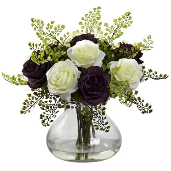 14" Dark Purple & White Rose with Maidenhair Floral Arrangement in Vase {1}