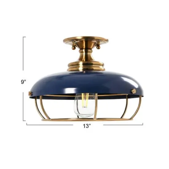 Hello Honey&reg; 13" Wide Caged Dome Metal Semi-Flush Mount Ceiling Light Brushed Brass and Navy Blue {7}