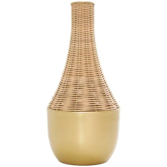 15" Brown & Gold Rattan Handmade Woven Vase {7}
