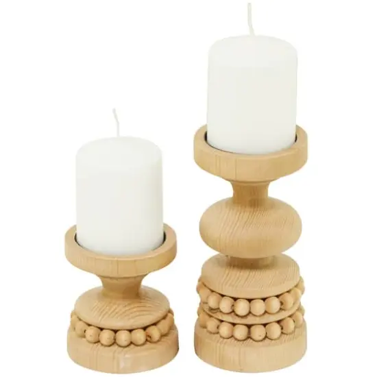 Brown Wood Beaded Pillar Candle Holder Set {1}