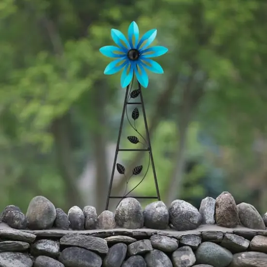 Glitzhome® 44" Metal Flower Wind Spinner Garden Stake Blue {4}
