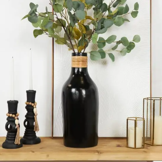 19" Black Ceramic Vase with Wrapped Rattan Detailing {7}