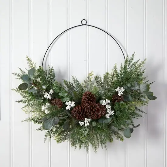 28" Christmas Pine, Eucalyptus & Berries Metal Circlet Wreath {4}