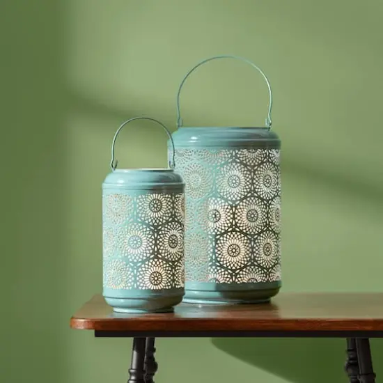 Green Punched Metal Lantern Candle Holder Set {5}