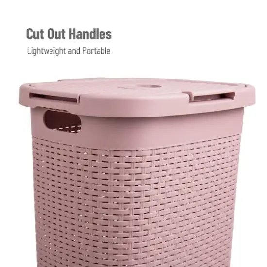Mind Reader 60L Ventilated Slim Laundry Hamper with Cut Out Handles & Attached Hinged Lid, 2ct. Pink {5}
