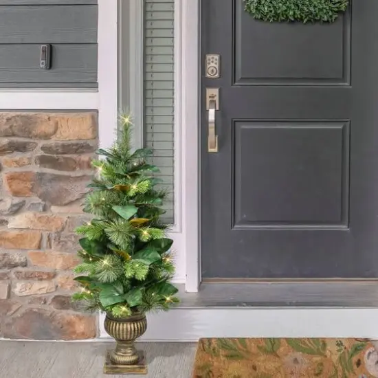 3ft. Pre-Lit Magnolia Leaf Artificial Potted Christmas Tree, Warm White LED Lights {3}