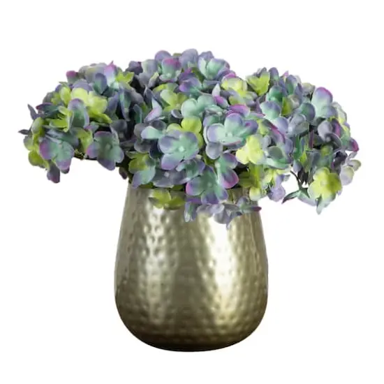 11" Blue Hydrangea Arrangement in Gold Metal Vase {1}
