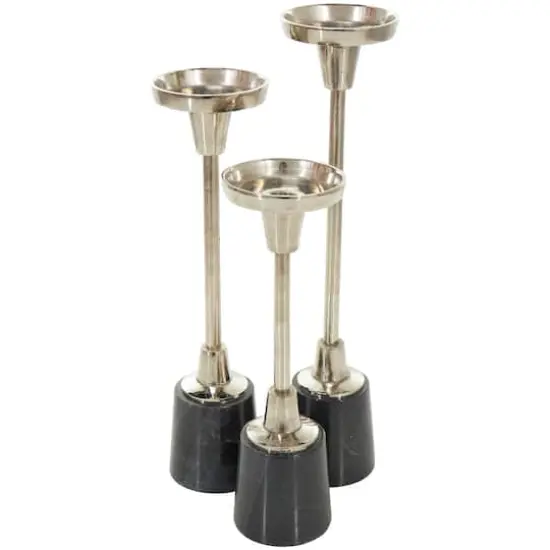 Silver Metal Slim Candle Holder with Black Marble Base Set {4}