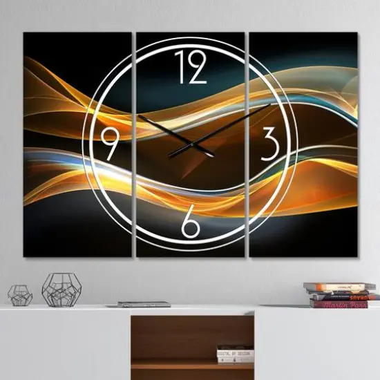 Designart 3D Gold Waves In Black Multipanel Wall Clock {3}