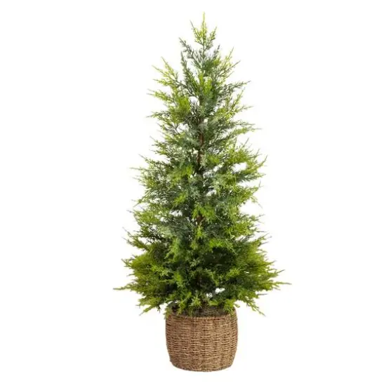 3ft. Pre-Lit Artificial Lightly Snowed Cypress Christmas Tree with 38 Warm White LED Lights in Decorative Weaved Basket {4}