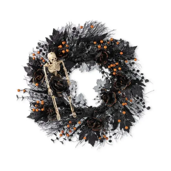 Glitzhome&reg; 24"D Halloween Black Rose, Skeleton and Berry Wreath with Hanger {1}