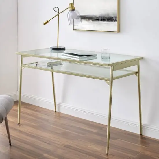 Walker Edison 48" Gold Two Tier Glass & Metal Desk {4}