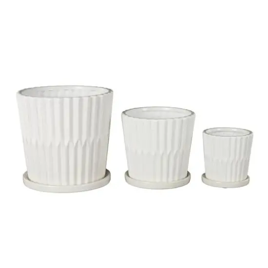 White Double Ribbed Textured Ceramic Planter Set {7}