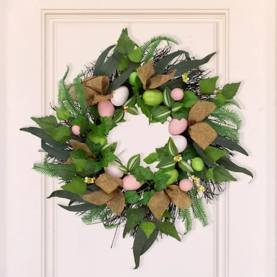 22" Easter Egg & Burlap Ribbon Mixed Foliage Twig Wreath {4}