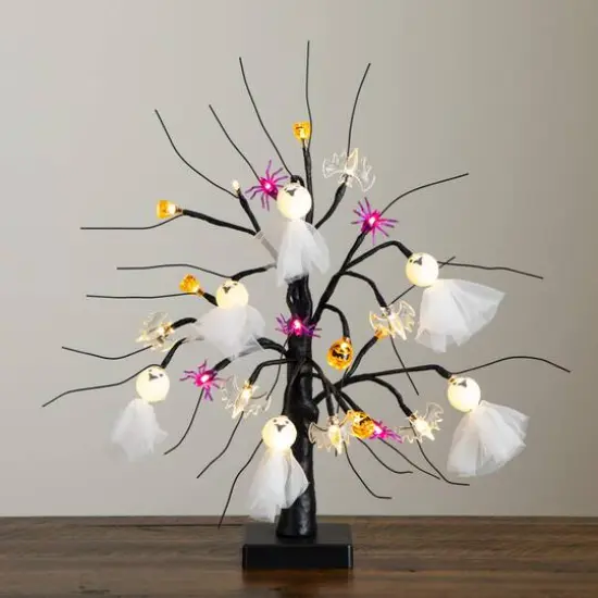 18in. Pre-Lit Artificial Halloween Ghost Dolls, Spiders, Bats & Pumpkins 24 LED Lighted Ornament Tree {9}