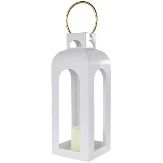 22.5" White Metal Tall Arched Cutout Candle Lantern with Gold Handle {1}