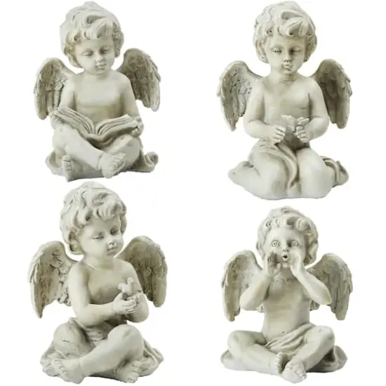 6.5" Gray Cherub Angel Outdoor Garden Statues Set Of 4 {1}