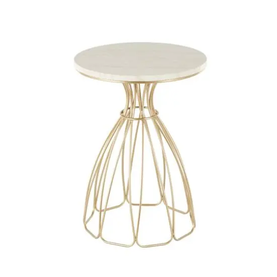 21.5" Gold Metal Flower Inspired Accent Table with Cream Marble Tabletop {7}