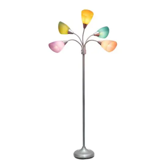 Simple Designs&trade; 5.6ft. 5-Light Gooseneck Silver Floor Lamp Fun Multicolored Shades {3}