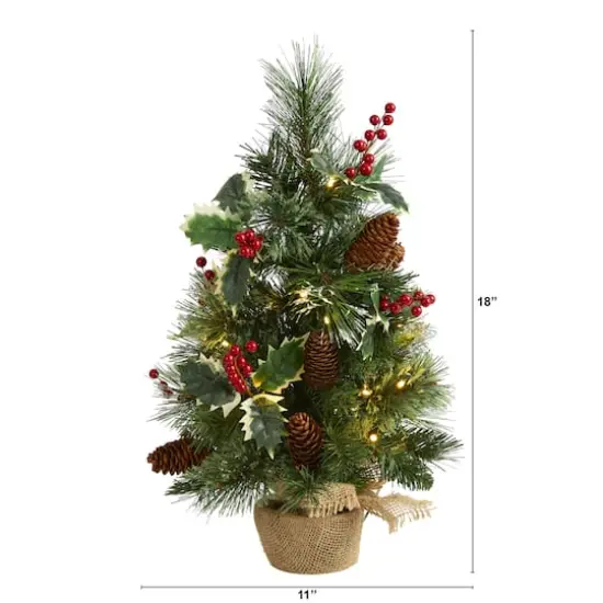 18" Pre-Lit Mixed Pine Artificial Christmas Tree with Holly Berries & Pinecones, Clear LED Lights {3}