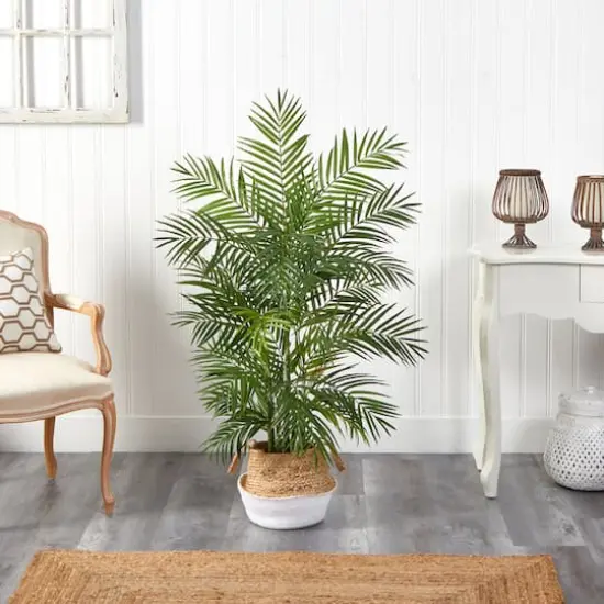 4ft. Areca Artificial Palm in Boho Chic Handmade Cotton & Jute White Woven Planter {4}