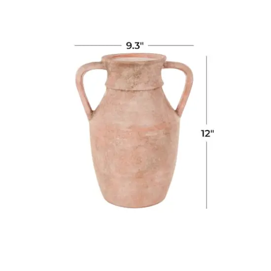 12" Pink Antique-Style Ceramic Vase with Handles {5}