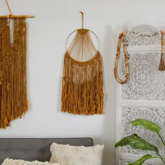 Brown Fabric Handmade Intricately Weaved Macrame Wall Decor with Beaded Fringe Tassels 12" x 0" x 32" {8}
