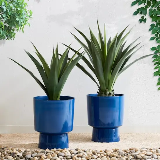 Glitzhome&reg; 16.75" Cobalt Blue Faux Ceramic Urn Plastic Planters, 2ct. {4}