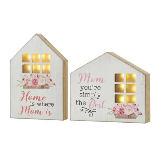 Glitzhome&reg; Lighted Wood Mother's Day House Shaped Table Sign Set {1}