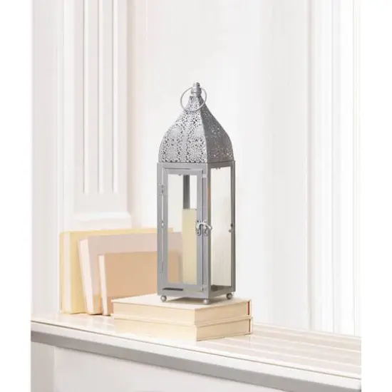 15" Small Silver Metal Rectangular Moroccan Style Candle Lantern {6}