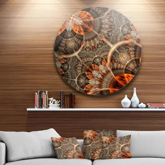 Designart - Orange Brown Digital Art Fractal Flower' Floral Metal Circle Wall Art {4}