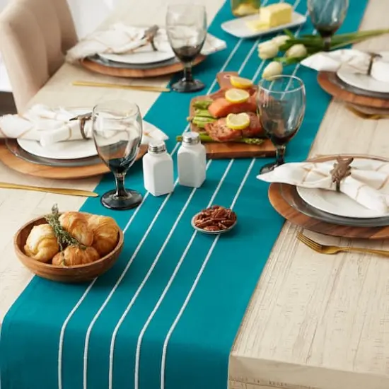 DII&reg; 72" Striped Tassel Table Runner Teal/Off White {6}