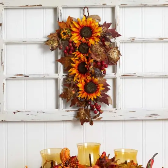 24&rdquo; Yellow & Red Sunflower & Berry Teardrop Swag {4}