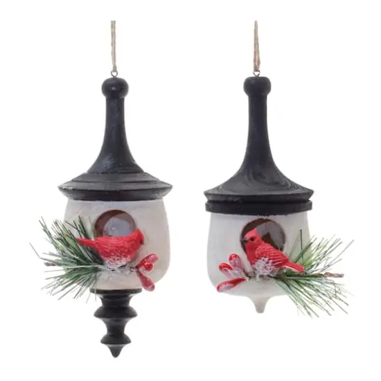 Wood Finial Birdhouse with Cardinal Ornaments Set {6}