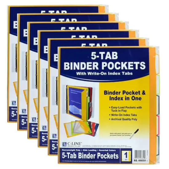 C-Line&reg; 5-Tab Binder Pockets with Write-On Index Tabs, 6 Packs of 5 {1}