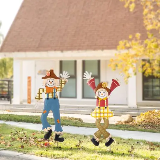 Glitzhome&reg; 36" Fall Metal Scarecrow Yard Stake Set {3}