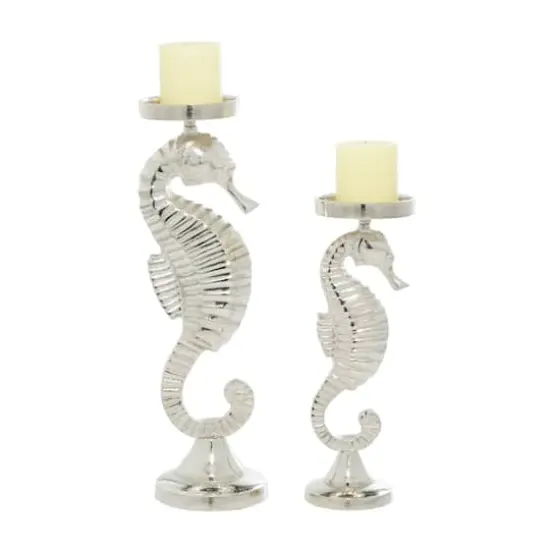 Silver Aluminum Coastal Seahorse Candle Holder Set {1}