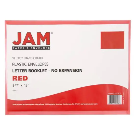 JAM Paper 9.75" x 14.5" Plastic Hook & Loop Closure Envelopes, 12ct. Red {5}